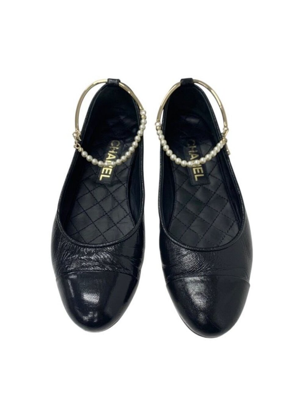 Chanel Flat Shoes Leather Black Gold Ballet Ballerina Coco Mark Pearl - Picture 2 of 10